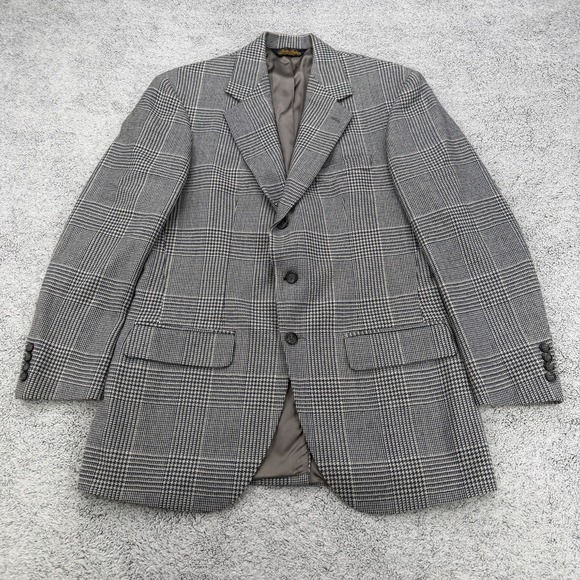 Brooks Brothers Sport Coat Men 40R Navy Ivory Houndstooth Plaid USA Made Vintage
